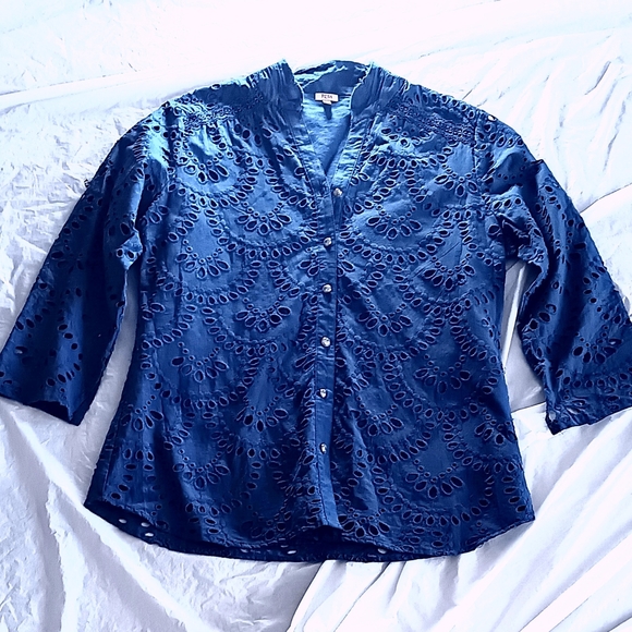 Reba Tops - NEW Reba Royal Cotton Blue Eyelet Blouse, Med.